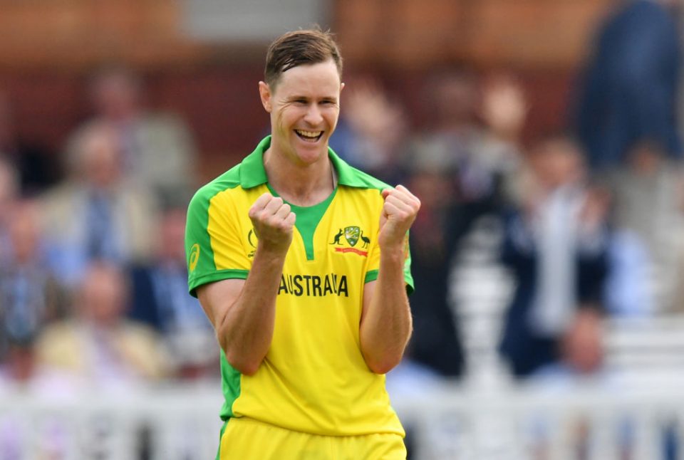 Australia's Jason Behrendorff celebrates after the dismissal of England's Jofra Archer during the 2019 Cricket World Cup group stage match between England and Australia at Lord's Cricket Ground in London on June 25, 2019. (Photo by SAEED KHAN / AFP) / RESTRICTED TO EDITORIAL USE        (Photo credit should read SAEED KHAN/AFP/Getty Images)
