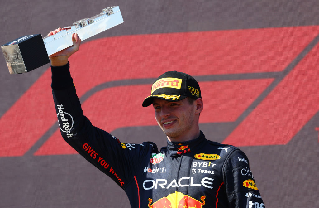 LE CASTELLET, FRANCE - JULY 24: Race winner Max Verstappen of the Netherlands and Oracle Red Bull Racing celebrates on the podium during the F1 Grand Prix of France at Circuit Paul Ricard on July 24, 2022 in Le Castellet, France. (Photo by Clive Rose/Getty Images)