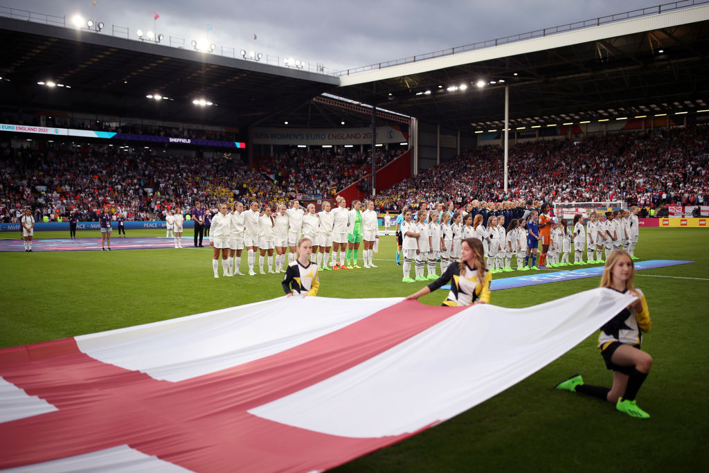 SHEFFIELD, ENGLAND - JULY 26: Both teams line up for the national anthems during the UEFA Women's Euro 2022 Semi Final match between England and Sweden at Bramall Lane on July 26, 2022 in Sheffield, England. (Photo by Naomi Baker/Getty Images)