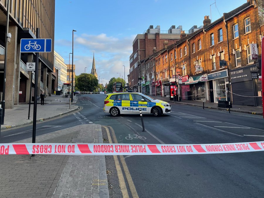 The scene this morning outside Wood Green Underground station, after a shooting on Wood Green high street last night just after 9pm. 