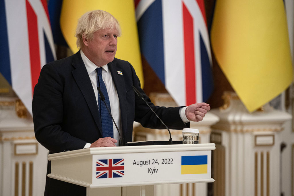 Prime Minister Boris Johnson speaks as he and Ukrainian President Volodymyr Zelensky give a press conference on August 24, 2022 in Kyiv, Ukraine.(Photo by Alexey Furman/Getty Images)