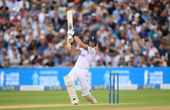 BIRMINGHAM, ENGLAND - JULY 03: Ben Stokes of England hits out only to be caught by Jasprit Bumrah of India during Day Three of the Fifth LV= Insurance Test Match between England and India at Edgbaston on July 03, 2022 in Birmingham, England. (Photo by Alex Davidson/Getty Images)