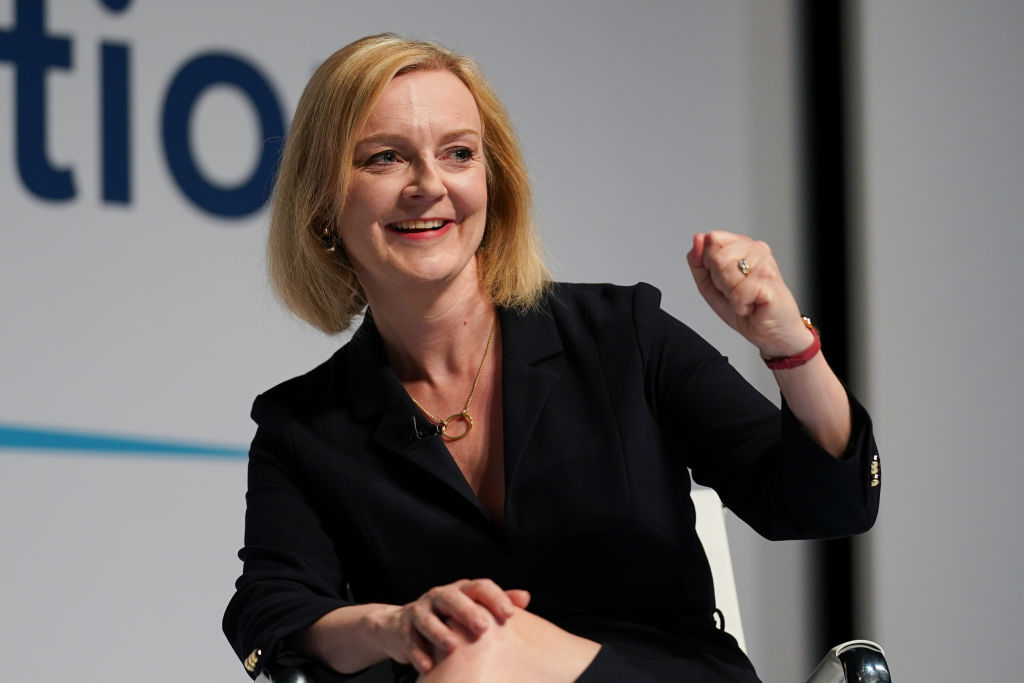 DARLINGTON, ENGLAND - AUGUST 09: Conservative Leadership hopeful Liz Truss speaks at the fifth Conservative leadership hustings before an audience of Party members and media at the Darlington Hippodrome on August 09, 2022 in Darlington, England. The results of the leadership contest will be announced September 5. (Photo by Ian Forsyth/Getty Images)