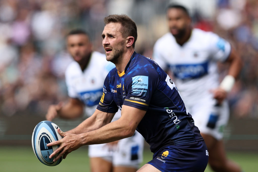 WORCESTER, ENGLAND - JUNE 04:  Ashley Beck of Worcester Warriors during the Gallagher Premiership Rugby match between Worcester Warriors and Bath Rugby at Sixways Stadium on June 4, 2022 in Worcester, England. (Photo by Marc Atkins/Getty Images)