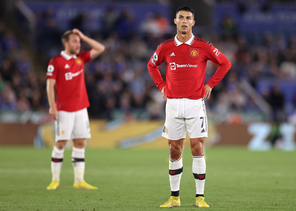 LEICESTER, ENGLAND - SEPTEMBER 01: Cristiano Ronaldo of Manchester United looks on during the Premier League match between Leicester City and Manchester United at The King Power Stadium on September 01, 2022 in Leicester, England. (Photo by Ryan Pierse/Getty Images)