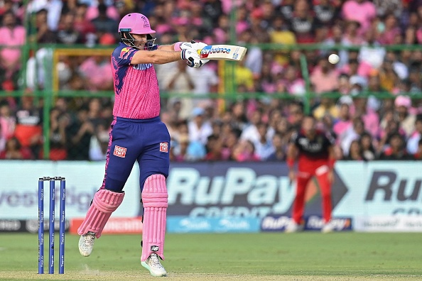 Rajasthan Royals' Joe Root plays a shot during the Indian Premier League (IPL) Twenty20 cricket match between Rajasthan Royals and Royal Challengers Bangalore at the Sawai Mansingh Stadium in Jaipur on May 14, 2023. (Photo by Sajjad HUSSAIN / AFP) (Photo by SAJJAD HUSSAIN/AFP via Getty Images)