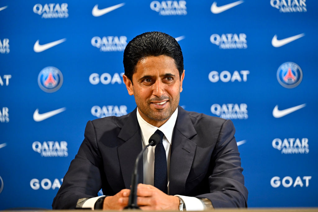 POISSY, FRANCE - JULY 05: PSG President Nasser Al Khelaifi answers journalists during a press conference at PSG Campus on July 05, 2023 in Poissy, France. (Photo by Aurelien Meunier - PSG/PSG via Getty Images)