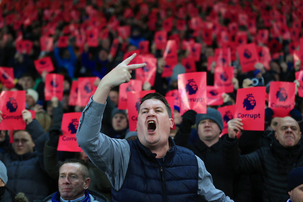 LIVERPOOL, ENGLAND - NOVEMBER 26: Everton fans protest during the Premier League match between Everton FC and Manchester United at Goodison Park on November 26, 2023 in Liverpool, England. (Photo by Simon Stacpoole/Offside/Offside via Getty Images)