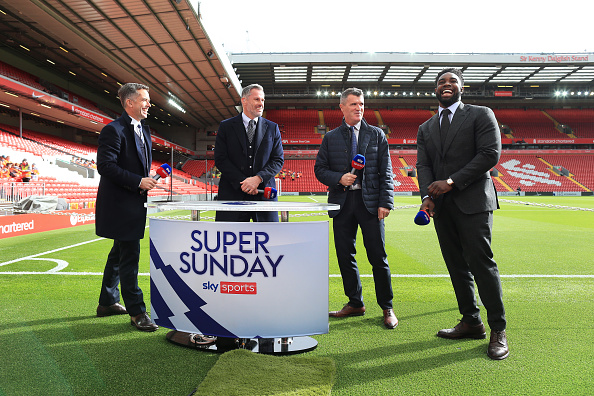 LIVERPOOL, ENGLAND - OCTOBER 03: Sky Sports television presenter Dave Jones (L) stands pitchside with pundits Jamie Carragher (2L), Roy Keane (2R) and Micah Richards (R) before the Premier League match between Liverpool and Manchester City at Anfield on October 3, 2021 in Liverpool, England. (Photo by Simon Stacpoole/Offside/Offside via Getty Images)