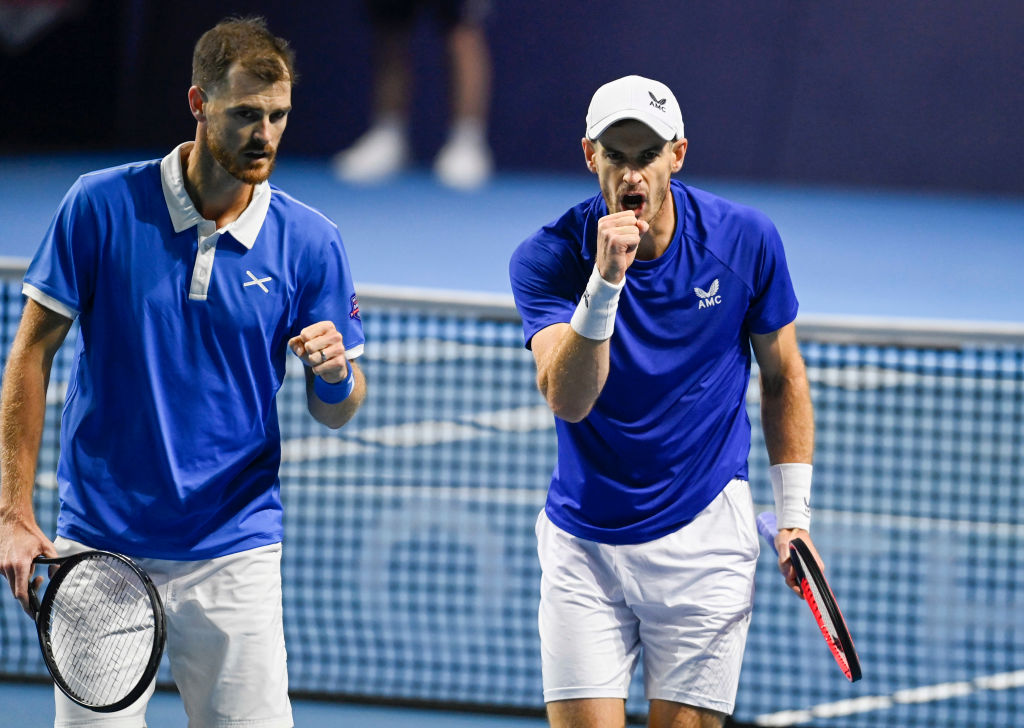 ABERDEEN, SCOTLAND - DECEMBER 22: Jamie Murray (L) and Andy Murray celebrate during the Schroders Battle of the Brits tournament at the P&J Live, on December 22, 2022, in Aberdeen, Scotland.  (Photo by Rob Casey/SNS Group via Getty Images)