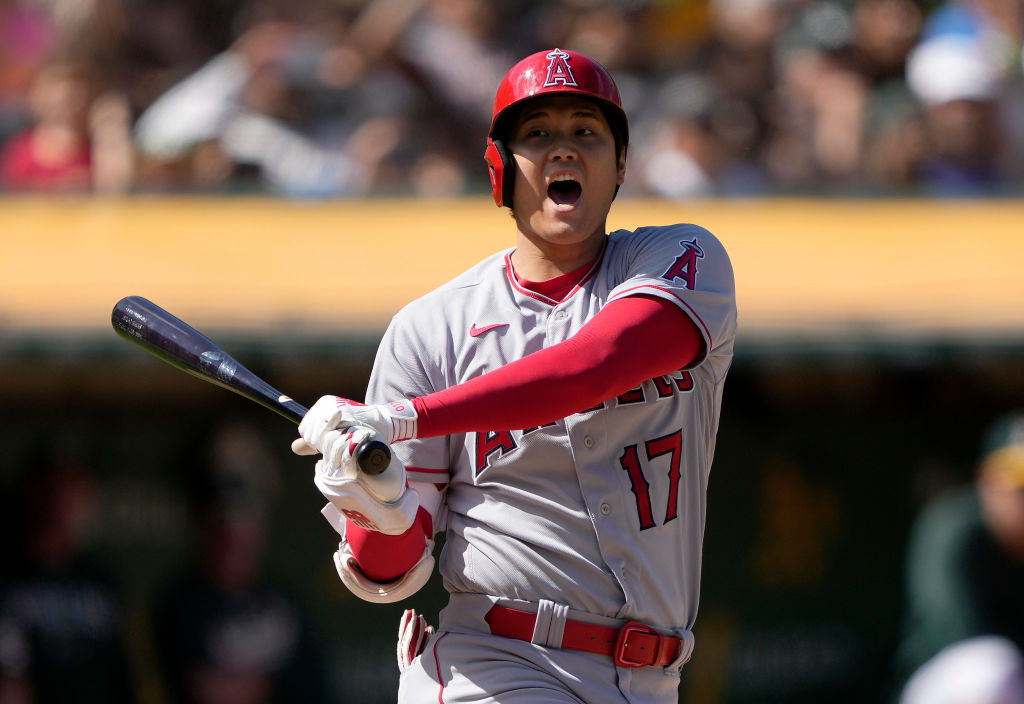 OAKLAND, CALIFORNIA - SEPTEMBER 03: Shohei Ohtani #17 of the Los Angeles Angels reacts after fouling off a pitch against the Oakland Athletics in the top of the seventh inning at RingCentral Coliseum on September 03, 2023 in Oakland, California. (Photo by Thearon W. Henderson/Getty Images)