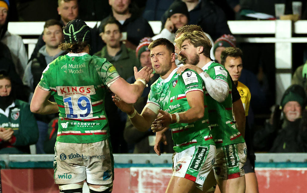 LEICESTER, ENGLAND - DECEMBER 10:  Handre Pollard (C) of Leicester Tigers celebrates with team mates after scoring their third try during the Investec Champions Cup match between Leicester Tigers and DHL Stormers at the Mattioli Woods Welford Road Stadium on December 10, 2023 in Leicester, England. (Photo by David Rogers/Getty Images)