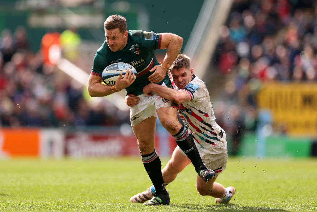 LEICESTER, ENGLAND - MARCH 25:  Jimmy Gopperth of Leicester Tigers in action with Harry Randall of Bristol Bears during the Gallagher Premiership Rugby match between Leicester Tigers and Bristol Bears at Mattioli Woods Welford Road Stadium on March 25, 2023 in Leicester, United Kingdom. (Photo by Marc Atkins/Getty Images)