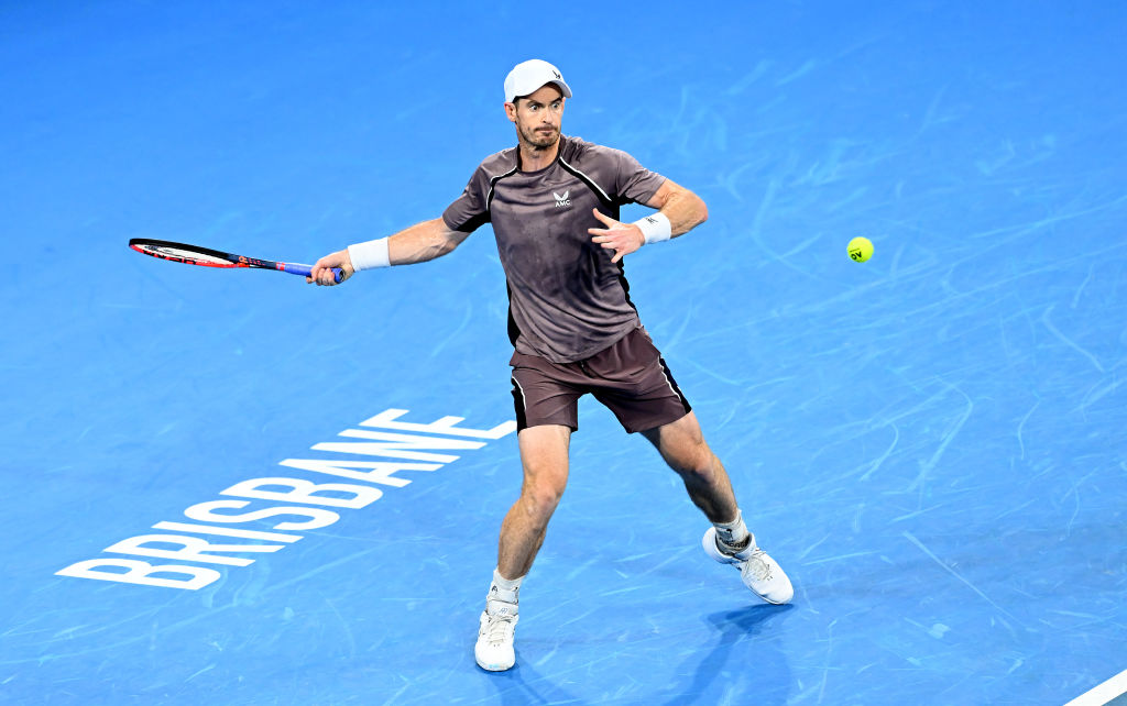 BRISBANE, AUSTRALIA - JANUARY 01: Andy Murray of Great Britain plays a forehand in his match against Grigor Dimitrov of Bulgaria during day two of the  2024 Brisbane International at Queensland Tennis Centre on January 01, 2024 in Brisbane, Australia. (Photo by Bradley Kanaris/Getty Images)