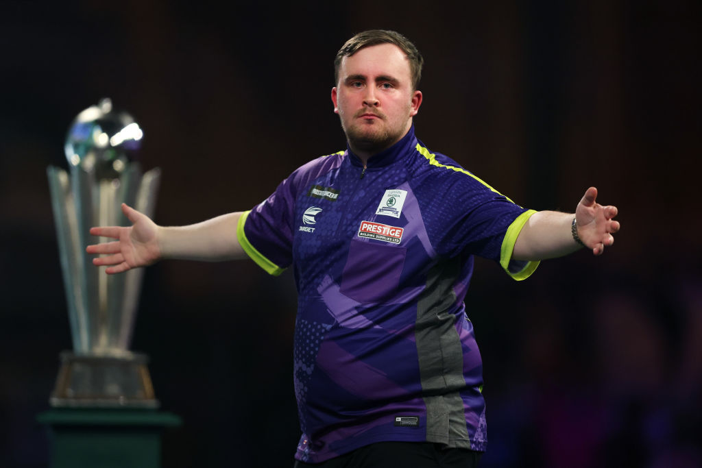 LONDON, ENGLAND - JANUARY 03: Luke Littler of England celebrates during the 2023/24 Paddy Power World Darts Championship Final between Luke Littler of England and Luke Humphries of England on Day Sixteen of the 2023/24 Paddy Power World Darts Championship at Alexandra Palace on January 03, 2024 in London, England. (Photo by Tom Dulat/Getty Images)