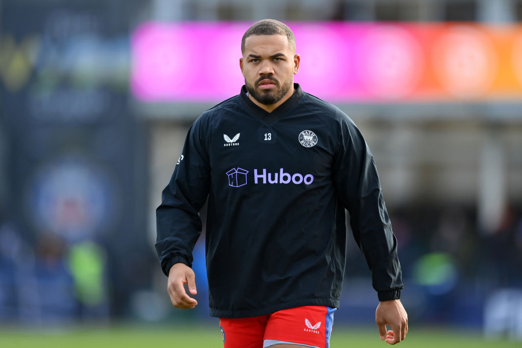 BATH, ENGLAND - JANUARY 14: Ollie Lawrence of Bath Rugby looks on prior to the Investec Champions Cup match between Bath Rugby and Racing 92 at Recreation Ground on January 14, 2024 in Bath, England. (Photo by Patrick Khachfe/Getty Images)