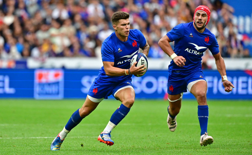 PARIS, FRANCE - AUGUST 27: Mathieu Jalibert of France in action during the match between France and Australia at Stade de France on August 27, 2023 in Paris, France Photo by Christian Liewig - Corbis/Corbis via Getty Images)