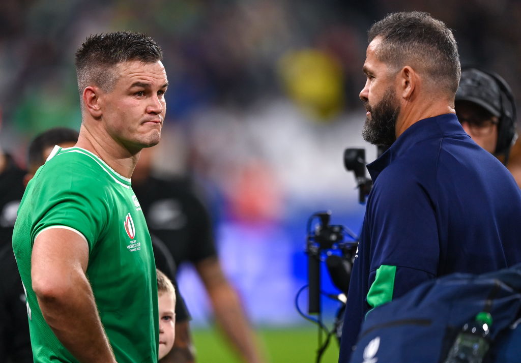 Paris , France - 14 October 2023; Ireland captain Jonathan Sexton, left, and Ireland head coach Andy Farrell after their side's defeat in the 2023 Rugby World Cup quarter-final match between Ireland and New Zealand at the Stade de France in Paris, France. (Photo By Ramsey Cardy/Sportsfile via Getty Images)