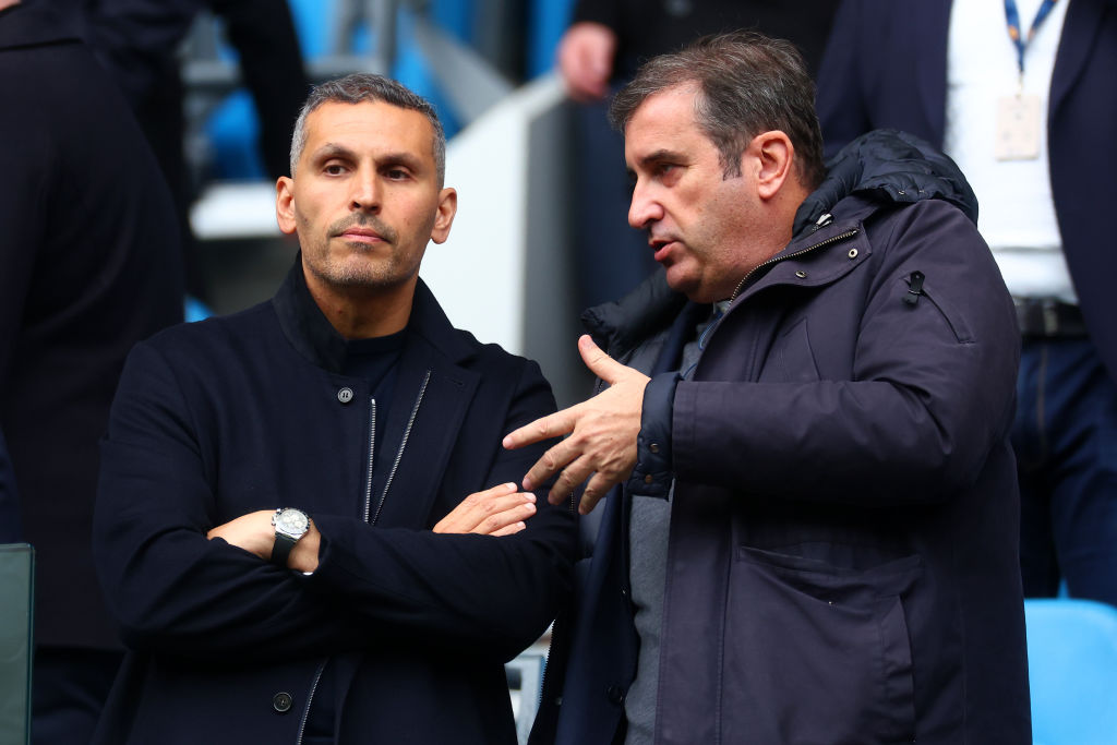 MANCHESTER, ENGLAND - FEBRUARY 10: Manchester City chairman Khaldoon Al Mubarak (L) looks on next to chief-executive Ferran Soriano during the Premier League match between Manchester City and Everton FC at Etihad Stadium on February 10, 2024 in Manchester, England. (Photo by Chris Brunskill/Fantasista/Getty Images)