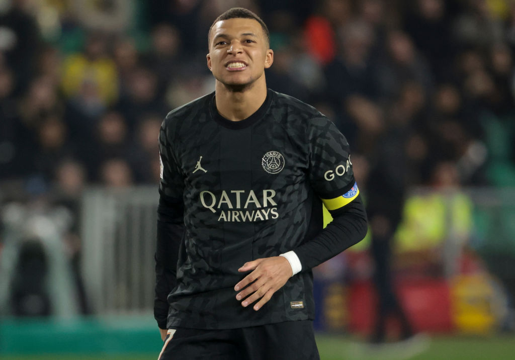 NANTES, FRANCE - FEBRUARY 17: Kylian Mbappe of PSG looks on during the Ligue 1 Uber Eats match between FC Nantes (FCN) and Paris Saint-Germain (PSG) at Stade de la Beaujoire on February 17, 2024 in Nantes, France. (Photo by Jean Catuffe/Getty Images)