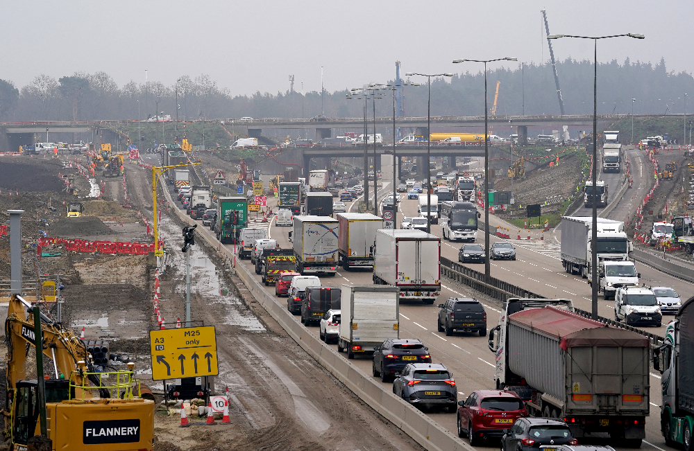 A view of traffic approaching junction 10 of the M25 in Surrey during a site visit ahead of a planned closure of both carriageways from 9pm on Friday March 15 until 6am on Monday March 18. (Gareth Fuller/PA Wire)