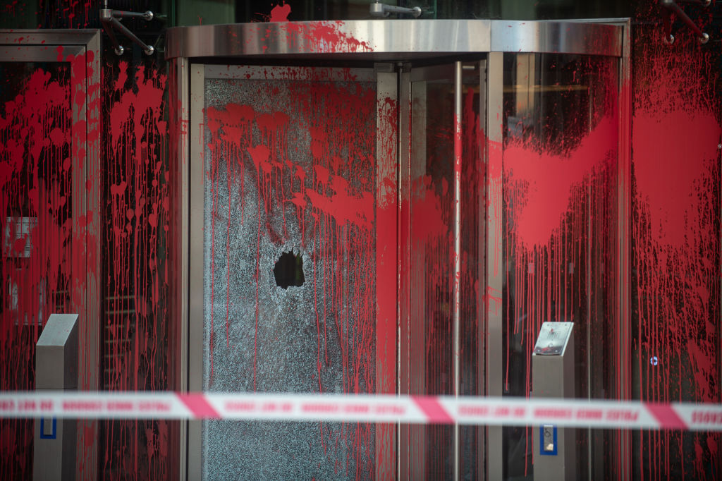 The exterior of BNY Mellon is vandalised by supporters of Palestine Action on March 26, 2024 in London, England. Palestine Action activists vandalise the London offices of Bank of New York (BNY) Mellon due to the bank's $10 million investment in Elbit Systems, Israel's largest weapons manufacturer. Palestine Action has seen four companies recently cut ties with the arms company after persistent direct action.  (Photo by Guy Smallman/Getty Images)