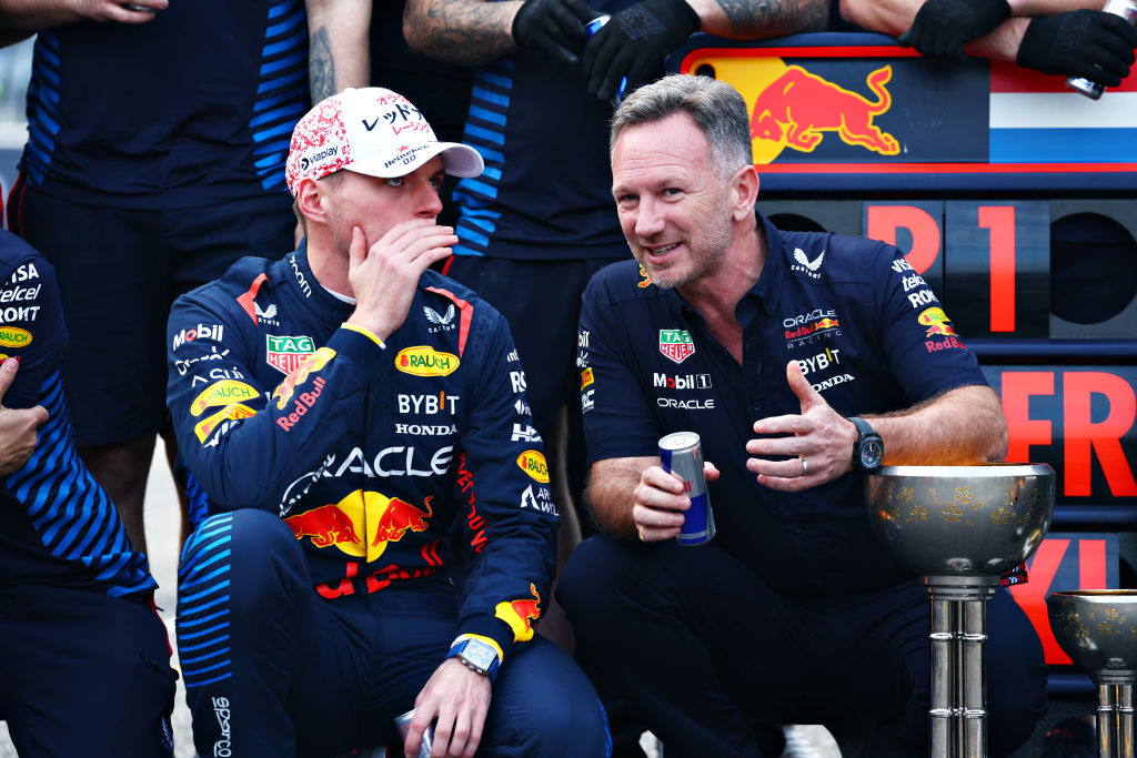 SUZUKA, JAPAN - APRIL 07: Race winner Max Verstappen of the Netherlands and Oracle Red Bull Racing and Oracle Red Bull Racing Team Principal Christian Horner celebrate with their team after the F1 Grand Prix of Japan at Suzuka International Racing Course on April 07, 2024 in Suzuka, Japan. (Photo by Clive Rose - Formula 1/Formula 1 via Getty Images)