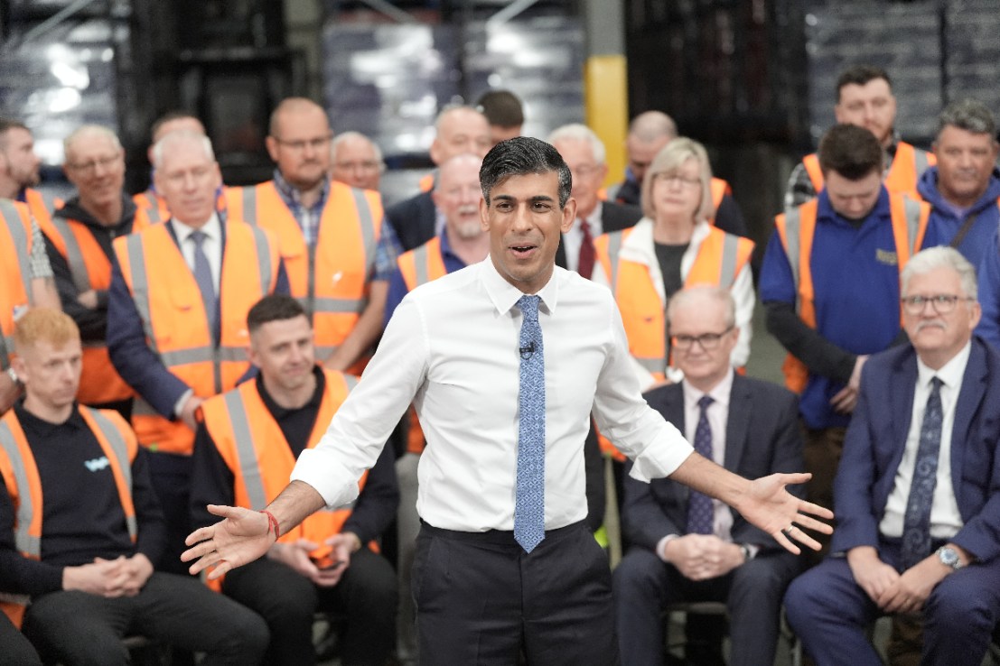 Rishi Sunak takes part in a Q&A with workers during a visit to Derbyshire, while on the general election campaign trail. Photo: PA