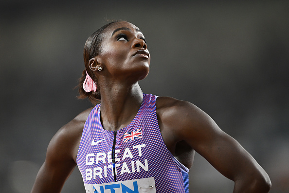 BUDAPEST, HUNGARY - AUGUST 21: Dina Asher-Smith of Team Great Britain reacts after competing in the Women's 100m Semi-Final during day three of the World Athletics Championships Budapest 2023 at National Athletics Centre on August 21, 2023 in Budapest, Hungary. (Photo by Shaun Botterill/Getty Images)