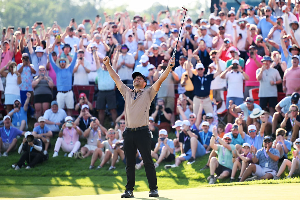 LOUISVILLE, KENTUCKY - MAY 19: Xander Schauffele of the United States celebrates after winning on the 18th green during the final round of the 2024 PGA Championship at Valhalla Golf Club on May 19, 2024 in Louisville, Kentucky. (Photo by Ross Kinnaird/Getty Images)