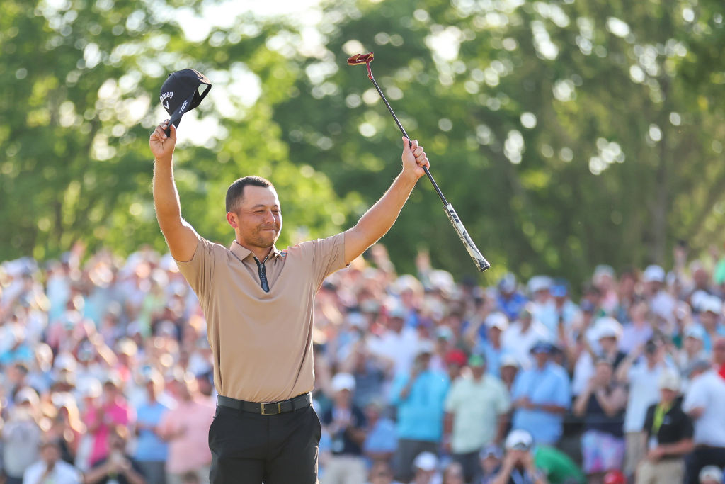 LOUISVILLE, KENTUCKY - MAY 19: Xander Schauffele of the United States celebrates after winning on the 18th green during the final round of the 2024 PGA Championship at Valhalla Golf Club on May 19, 2024 in Louisville, Kentucky. (Photo by Michael Reaves/Getty Images)