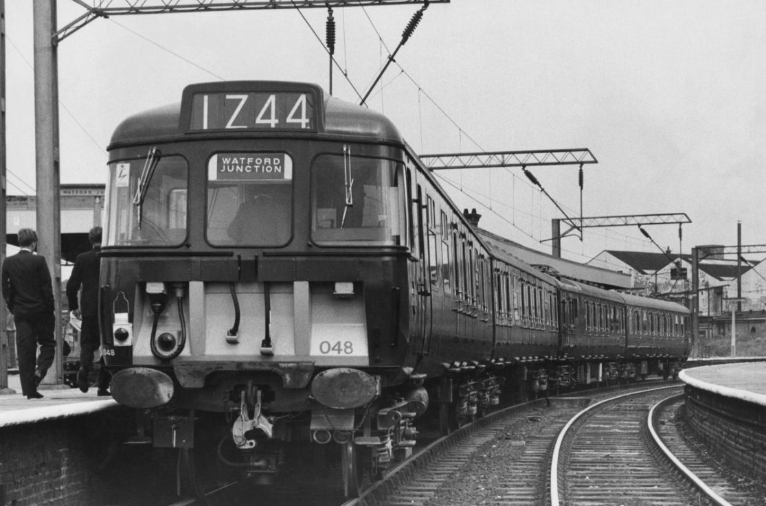 A British Rail Electric Multiple Unit Passenger train on a demonstration run through Watford Junction on 23 August 1965  at Watford Junction, London, United Kingdom.  (Photo by Harry Todd/Fox Photos/Hulton Archive/Getty Images).