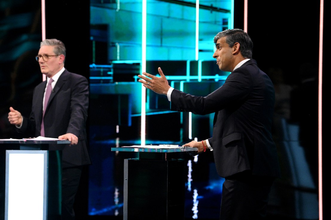 Left, Keir Starmer, and right, Rishi Sunak, during the ITV leaders debate. Photo: ITV/PA