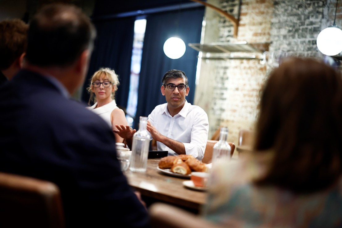 Prime Minister Rishi Sunak during a meeting with representatives of the nighttime economy in central London, while on the General Election campaign trail. June 22, 2024 | Benjamin Cremel/PA Wire