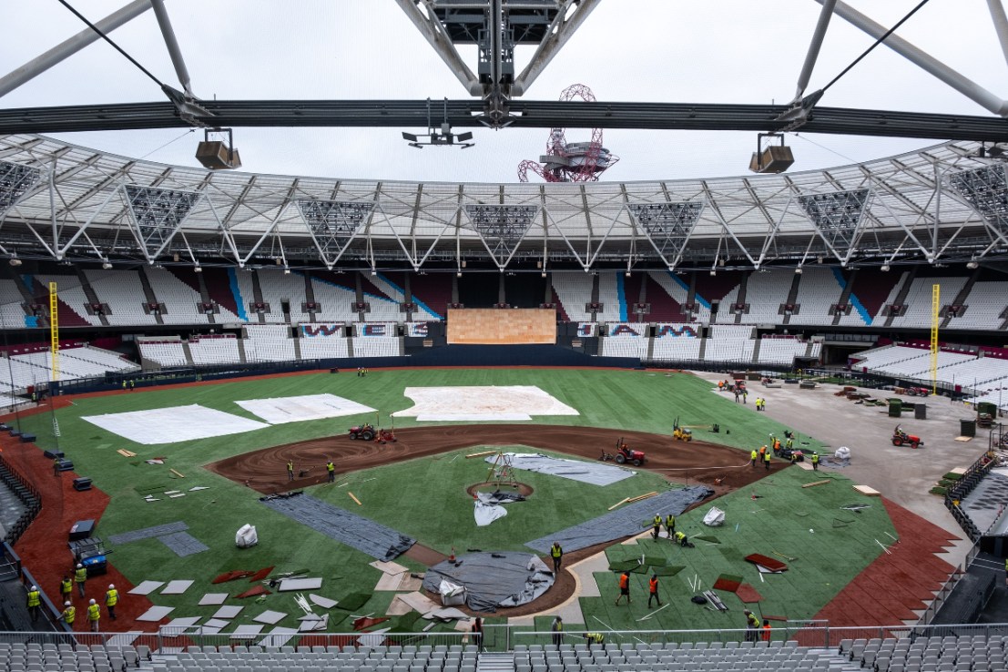 West Ham United’s Olympic Stadium has undergone a Stateside makeover for this weekend’s MLB showpiece.