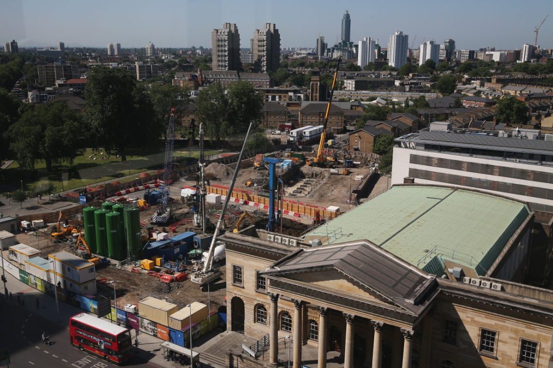 LONDON, ENGLAND - AUGUST 01:  Construction continues near a building site in Elephant and Castle on August 1, 2013 in London, England. The Mayor of London Boris Johnson was visiting the site of new retail, business and residential space in Elephant and Castle of South London earlier today.  (Photo by Dan Kitwood/Getty Images)