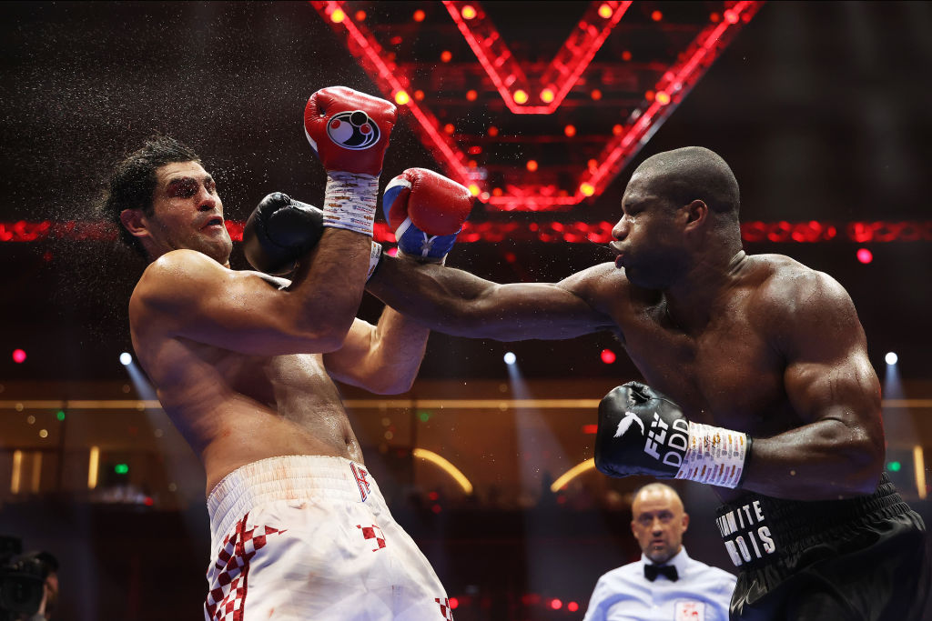 RIYADH, SAUDI ARABIA - JUNE 01: Daniel Dubois punches Filip Hrgovic during the Heavyweight fight between Filip Hrgovic of Team Matchroom and Daniel Dubois of Team Queensberry on the 5v5: Queensberry v Matchroom Fight Night card at Kingdom Arena on June 01, 2024 in Riyadh, Saudi Arabia. (Photo by Richard Pelham/Getty Images)