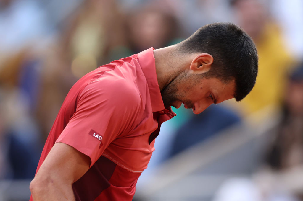 PARIS, FRANCE - JUNE 03: Novak Djokovic of Serbia reacts against Francisco Cerundolo of Argentina in the Men's Singles fourth round match during Day Nine of the 2024 French Open at Roland Garros on June 03, 2024 in Paris, France. (Photo by Clive Brunskill/Getty Images)