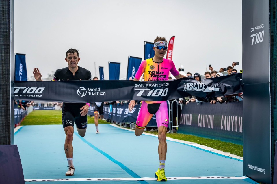 Van Riel pipped Smith in a sprint finish to the men's race at the San Francisco T100 triathlon