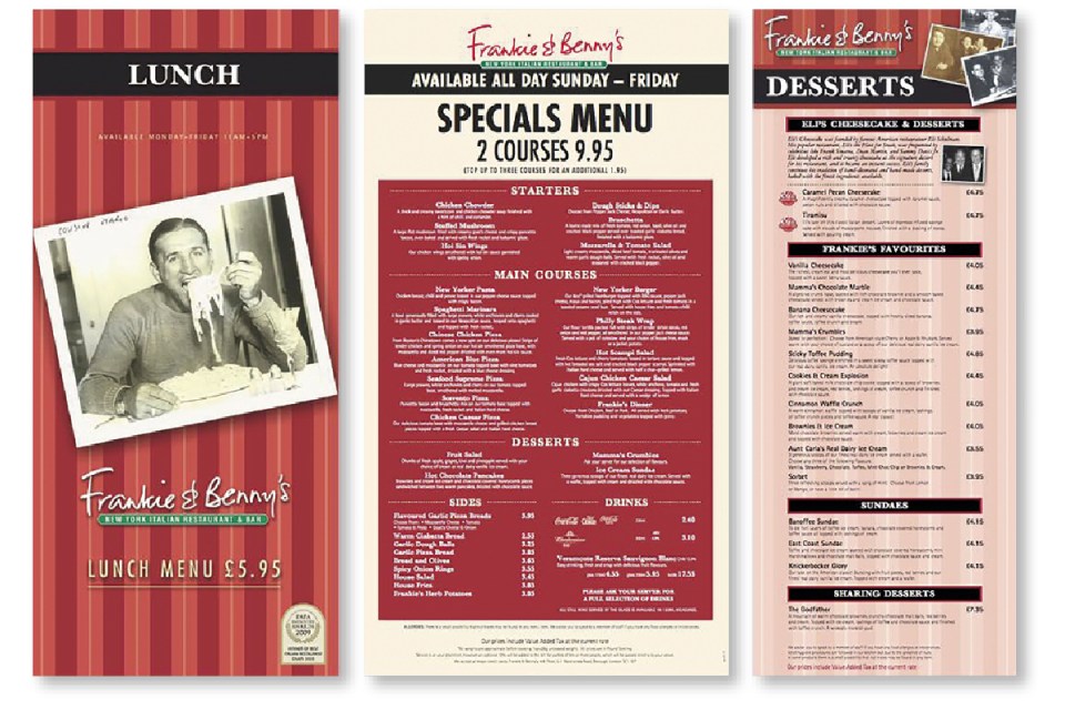 The lunch menu at Frankie & Benny's