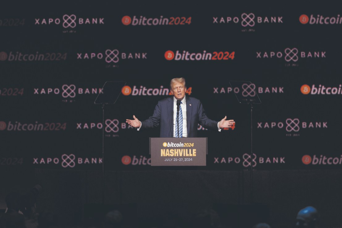 Former US President Donald Trump speaks at the Bitcoin 2024 conference in Nashville, Tennessee, US, on Saturday, July 27, 2024.  . Photographer: Brett Carlsen/Bloomberg via Getty Images