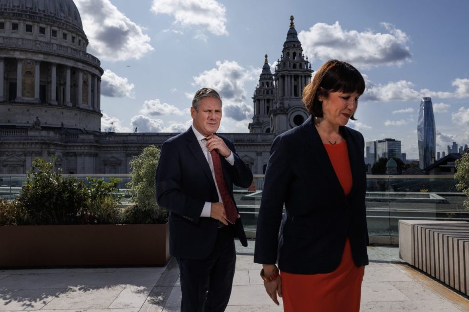 LONDON, ENGLAND - SEPTEMBER 22: Labour leader Keir Starmer and Shadow Chancellor Rachel Reeves leave after an interview during a visit to the London Stock Exchange on September 22, 2023 in London, England. Labour leader Starmer and Shadow Chancellor Reeves pledged to introduce legislation to ensure that the Office for Budget Responsibility (OBR) has the power to independently publish its own impact assessment. The announcement comes in a bid to prevent a repeat of the economic turmoil caused by former Prime Minister Liz Truss's mini-budget one year ago. (Photo by Dan Kitwood/Getty Images)