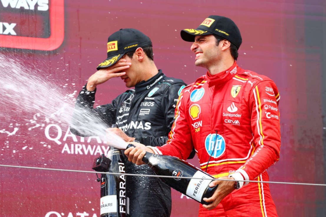 Third placed Carlos Sainz of Spain and Ferrari celebrates on the podium during the F1 Grand Prix of Austria at Red Bull Ring on June 30, 2024 in Spielberg, Austria. HP signed a major sponsorship deal with the team earlier this year. (Photo by Clive Rose/Getty Images)