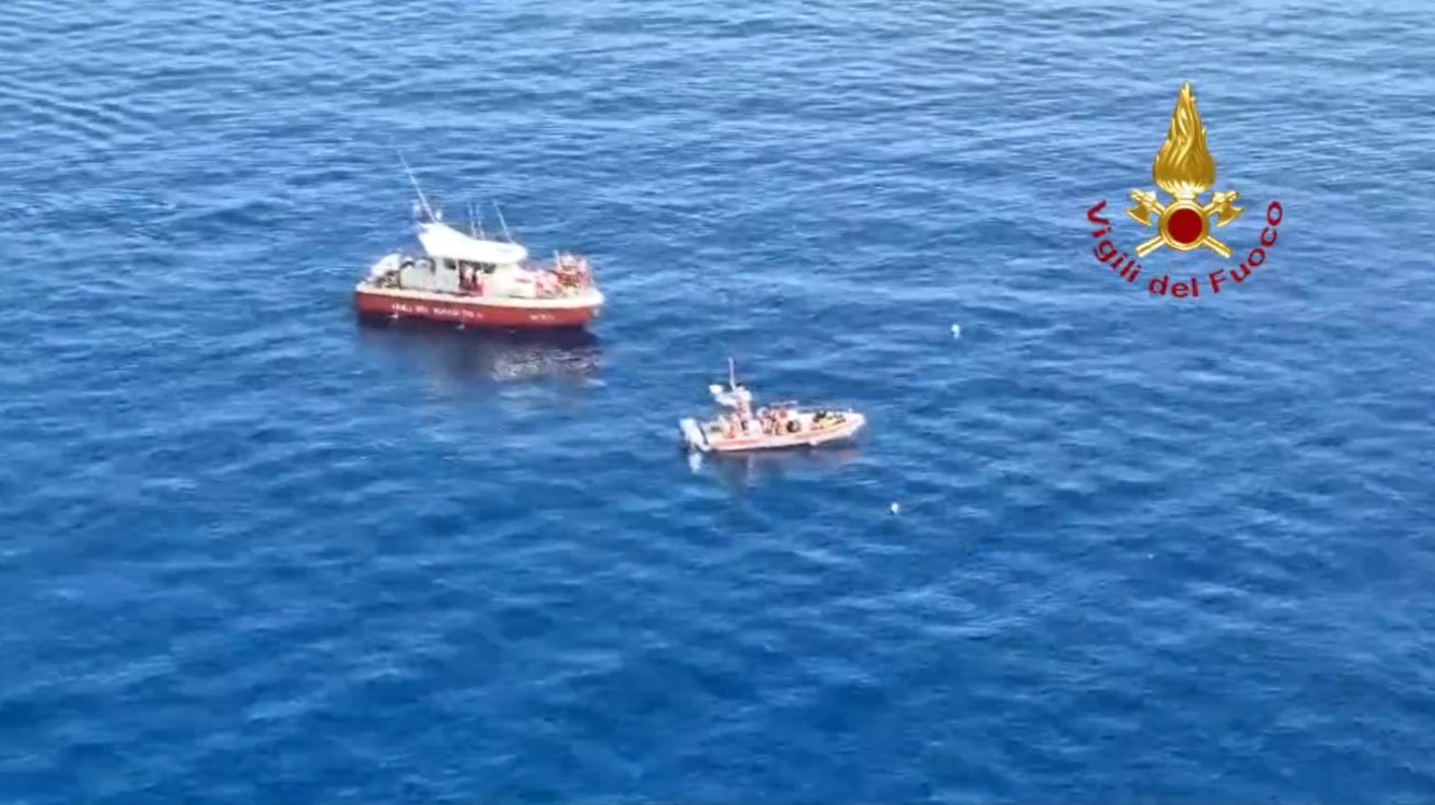 Screengrab from video posted by Vigili del Fuoco showing the rescue operation on a stretch of sea near Palermo, Sicily, in southern Italy, where a luxury yacht, named Bayesian, believed to be carrying British passengers has sunk in bad weather.   Photo credit should read: Vigili del Fuoco/PA Wire 
