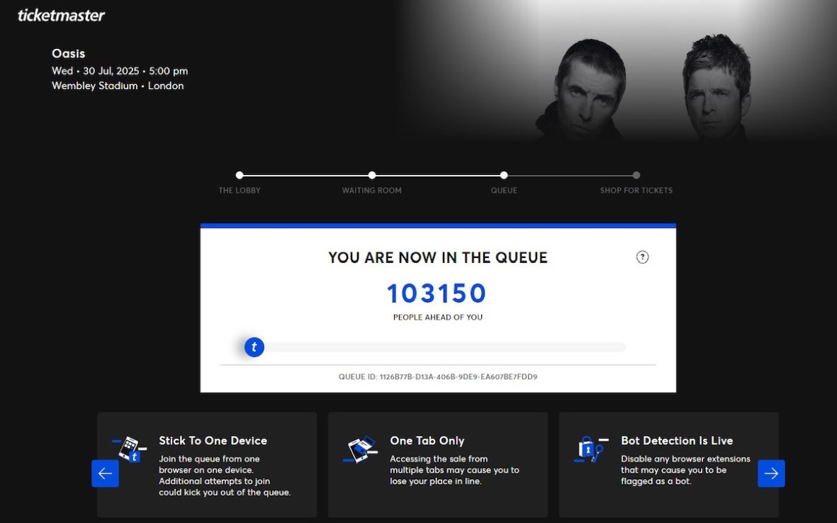 Screengrab taken from the ticketmaster.co.uk website at 0907 of the virtual waiting room as Oasis fans across the UK and Ireland who missed out on pre-sale tickets will be attempting to secure their place at the band's reunion concerts during Saturday's general sale | Saturday August 31, 2024 | ticketmaster.co.uk/PA Wire 
