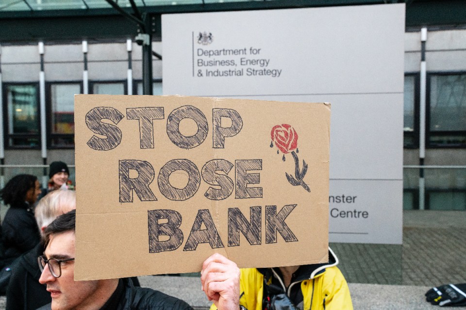 Campaigners from Fossil Free London march from the department to Downing Street against the government, opposing Rosebank. Credit: Andrea Domeniconi/Fossil Free London