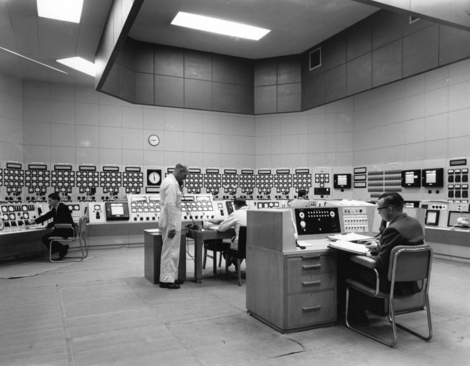 4th April 1963:  The control room of the Berkeley Nuclear Power Station on the River Severn between Bristol and Gloucester.  (Photo by Keystone/Getty Images)