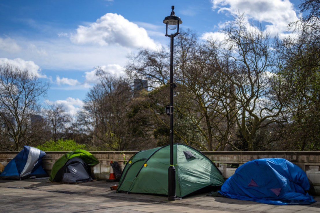 LONDON, ENGLAND - MARCH 27: Homeless tents are pictured on March 27, 2024 in London, United Kingdom. (Photo by Carl Court/Getty Images)