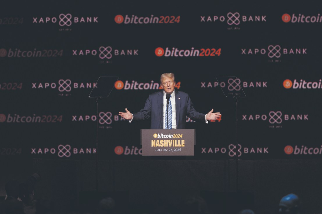 Former US President Donald Trump speaks at the Bitcoin 2024 conference in Nashville, Tennessee, US, on Saturday, July 27, 2024.  . Photographer: Brett Carlsen/Bloomberg via Getty Images