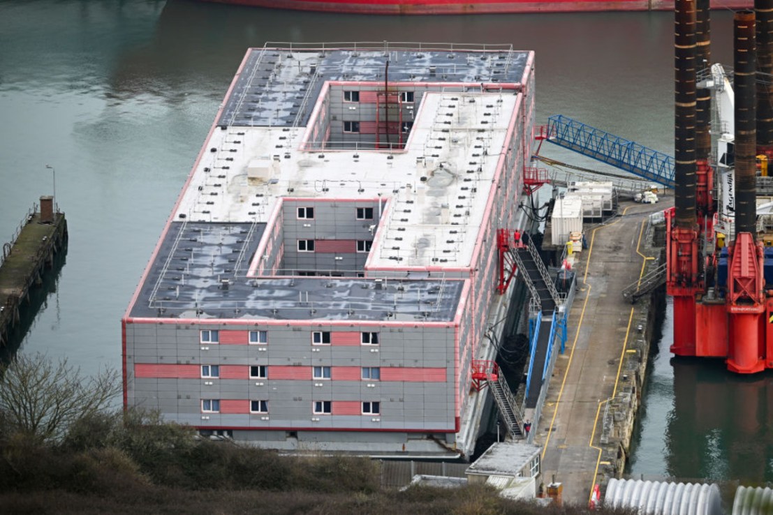 An elevated view of the Bibby Stockholm immigration barge in Portland Port, on February 27, 2024. (Photo by Finnbarr Webster/Getty Images)